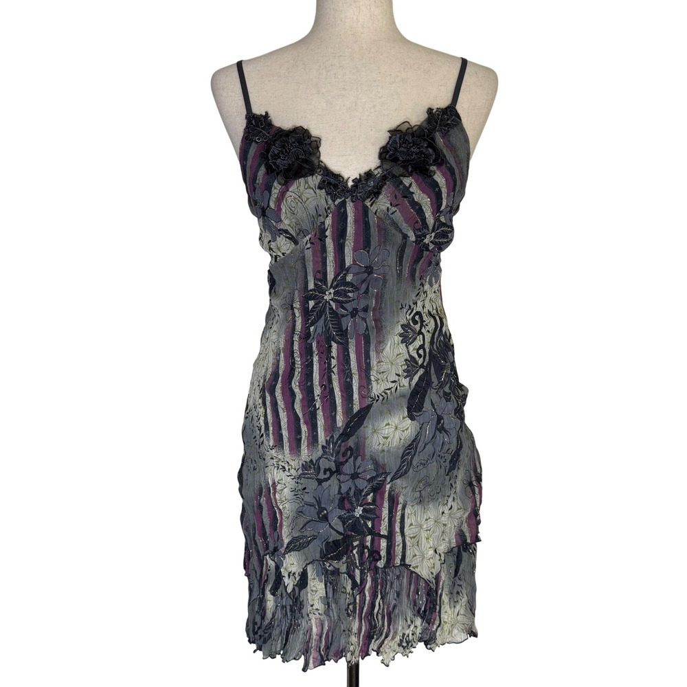 Carina Slip Dress Women Size M Grey Purple Floral Lace Trim Metallic Crinkle